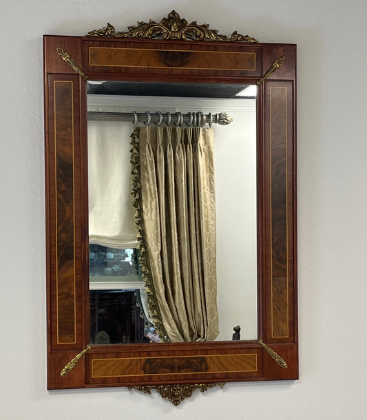 Neoclassical/Empire Style Walnut & Brass Framed Wall Mirror