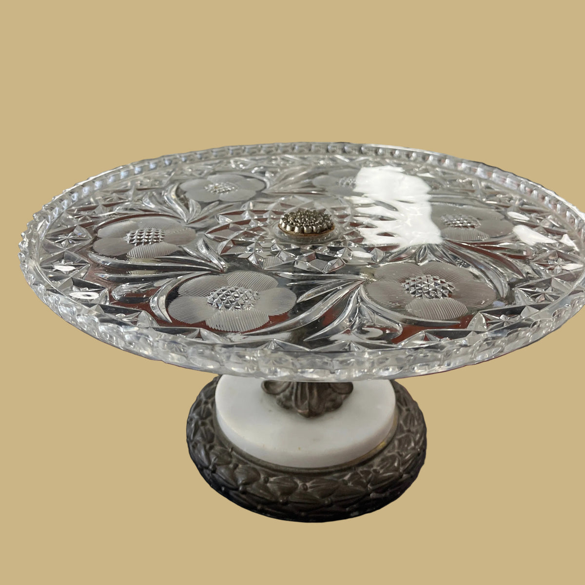 Vintage Cut Glass Cake Stand w/Marble
