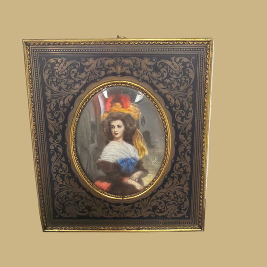 Hand-painted Portrait in Brass Frame, Feathered Hat & Signed