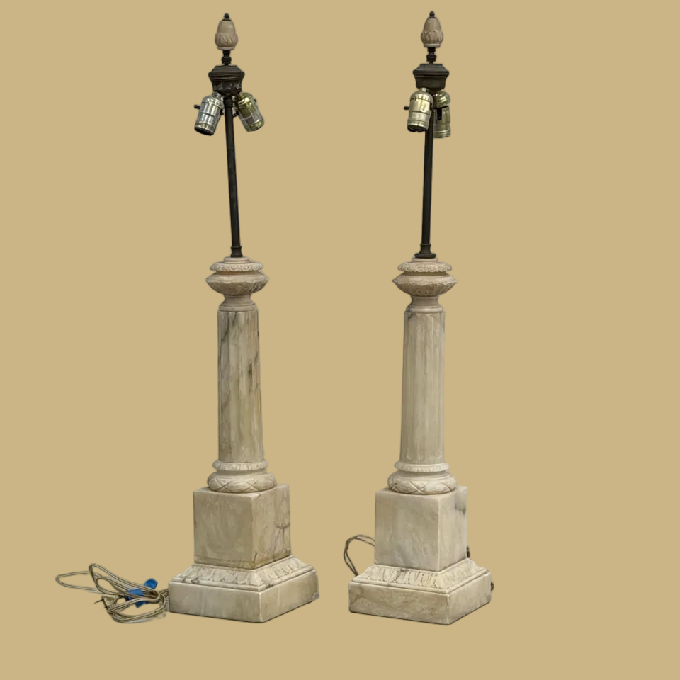 Pair of Neoclassical Carved Marble Column Table Lamps