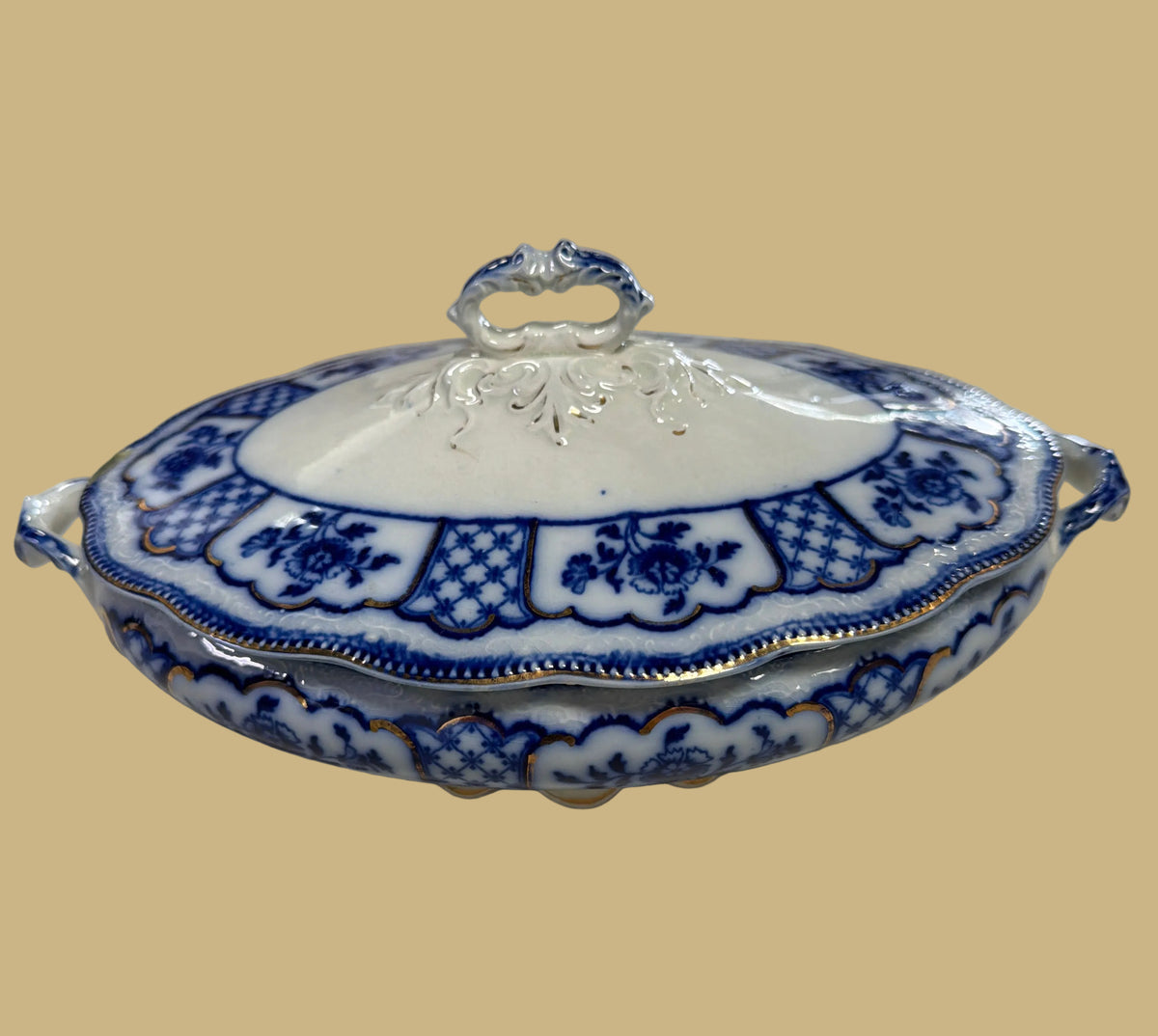 W.H. Grindley & Co. Ltd. Melbourne Pattern Flow Blue Transferware Lidded Oval Serving Dish