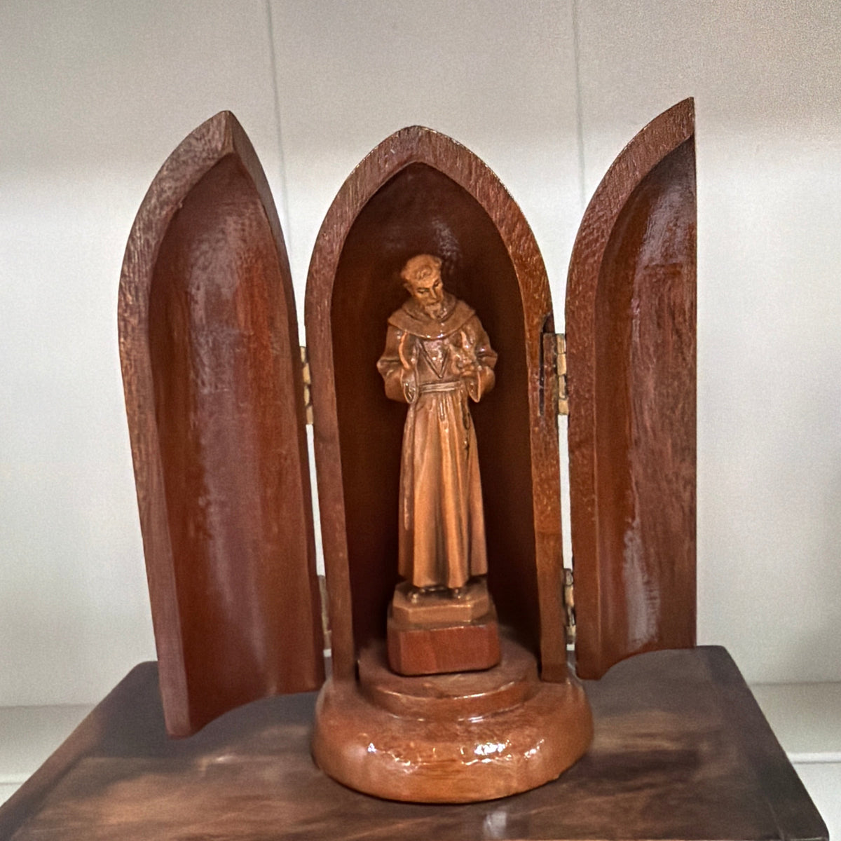 St. Francis of Assisi Statue in Wooden Triptych Niche
