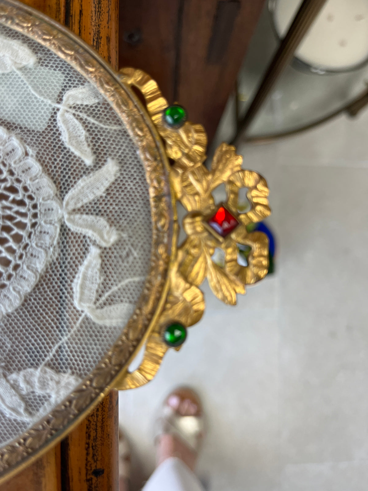 Antique Brass Dresser Tray w/Lace