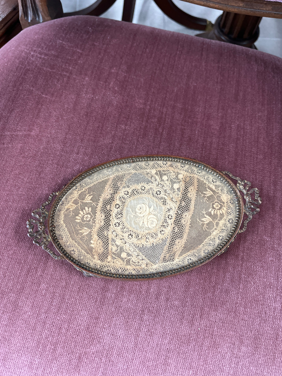 Antique French Brass Tray w/Lace