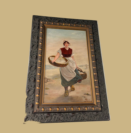 19th Century Oil Painting of Dutch Woman, Signed & Dated