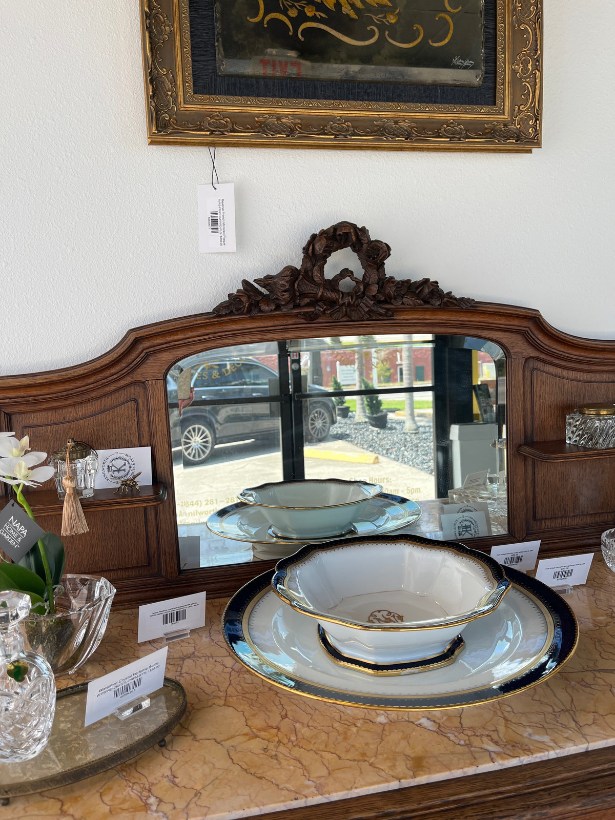 Antique Carved Oak Sideboard w/Marble Top & Mirror