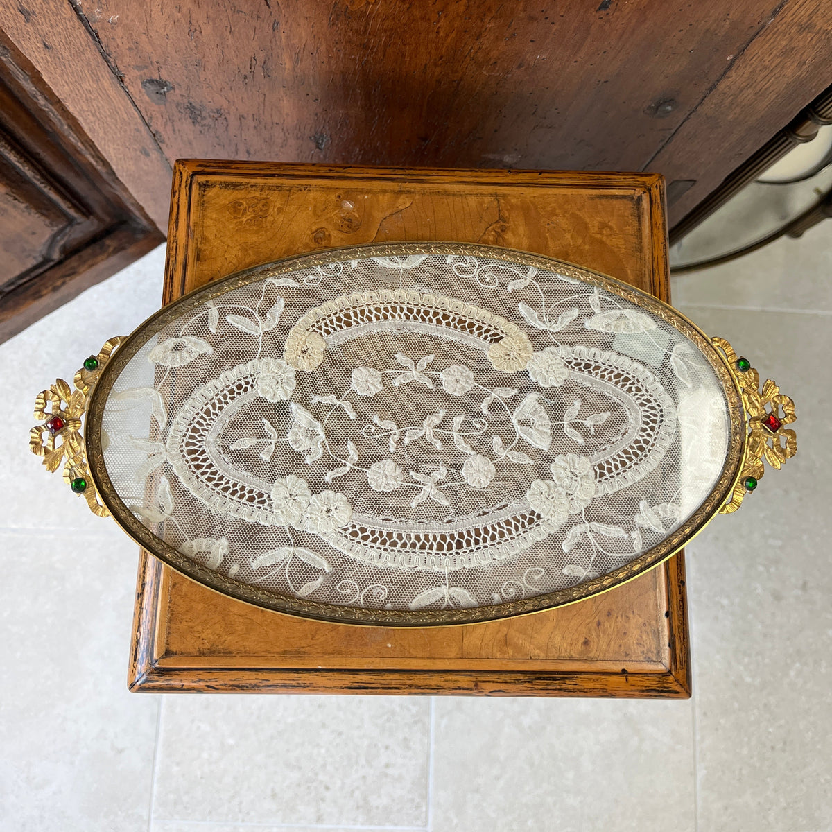 Antique Brass Dresser Tray w/Lace