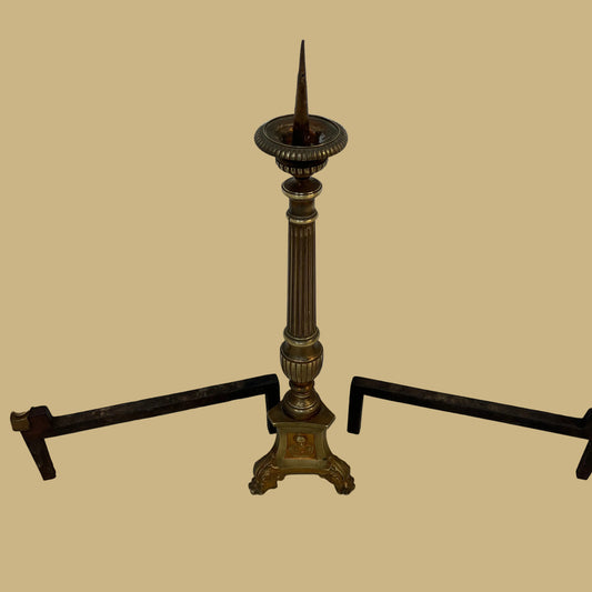 19th-Century Bronze Church Altar Candlestick w/Pricket & Portrait Base