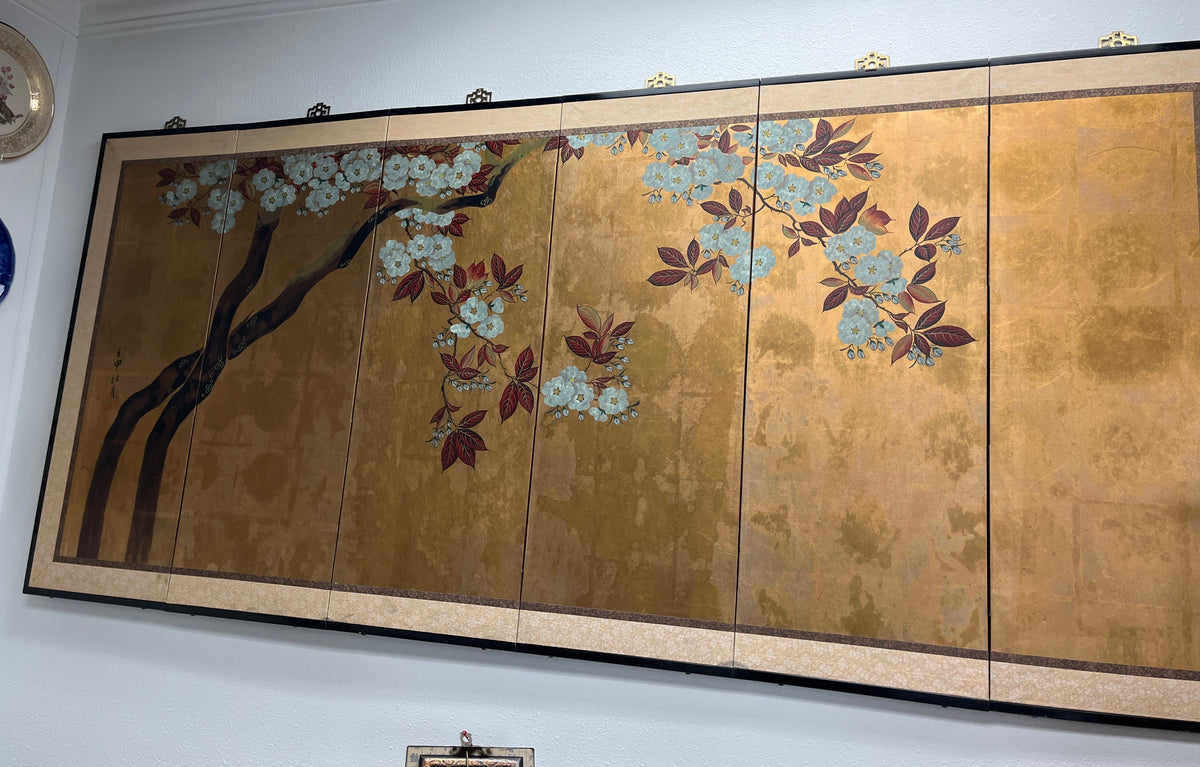 Japanese Showa Period Six-Panel Gold Leaf Folding Screen Depicting a Flowering Cherry Tree