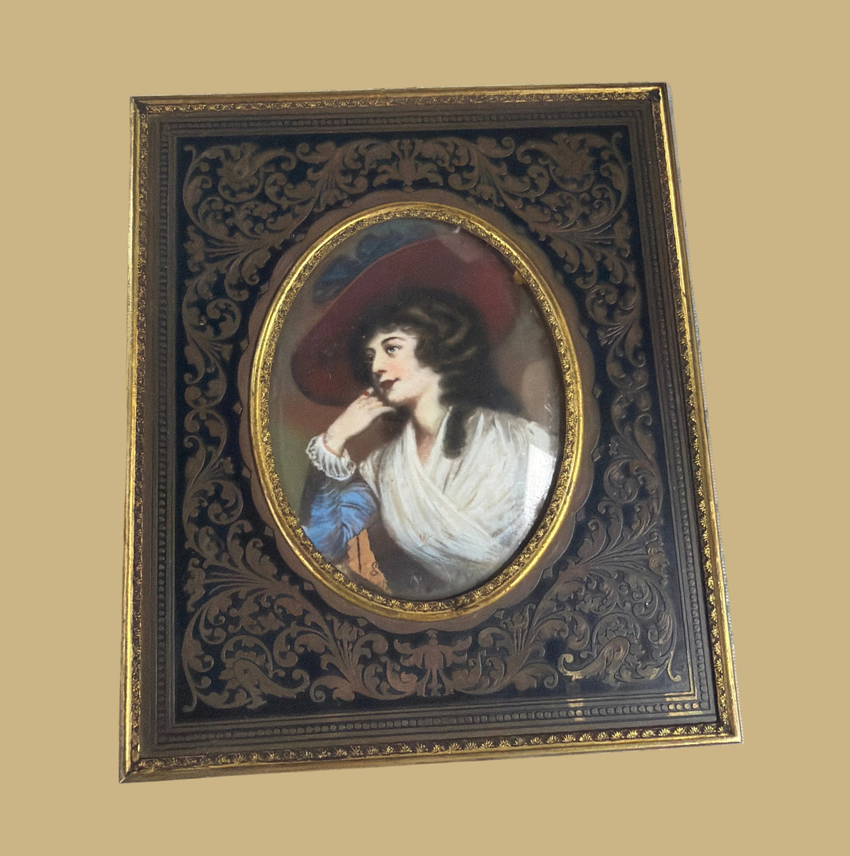 Hand-painted Portrait in Brass Frame, Red Hat & Signed