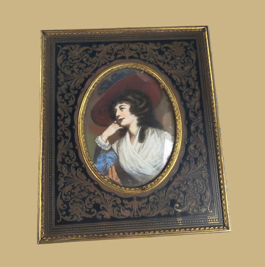 Hand-painted Portrait in Brass Frame, Red Hat & Signed