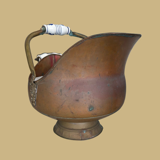 Large Brass & Copper Scuttle with Delft Handles