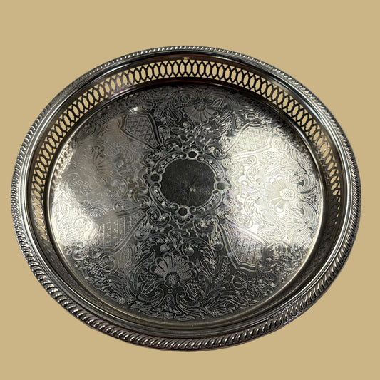 Etched Floral Round Silver-plated Tray