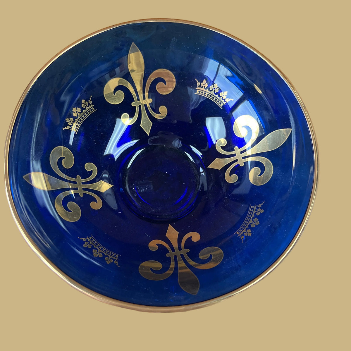 Cobalt blue bowl with gold fleur-de-lis & crown by Rimmington Vian
