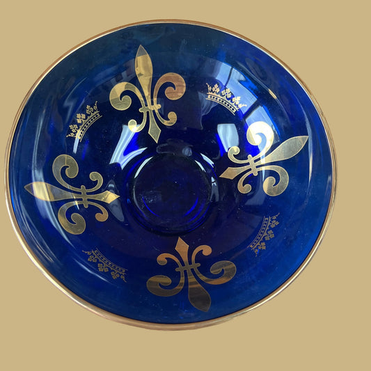 Cobalt blue bowl with gold fleur-de-lis & crown by Rimmington Vian