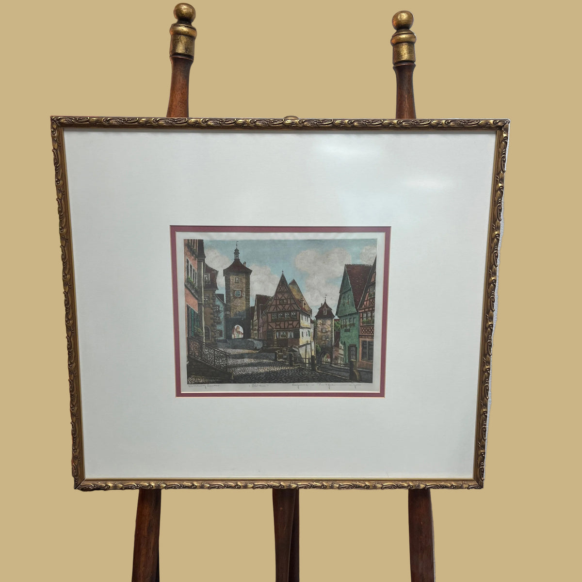 Vintage Hand-Colored Etching of Rothenburg by Ernst Geissendorfer