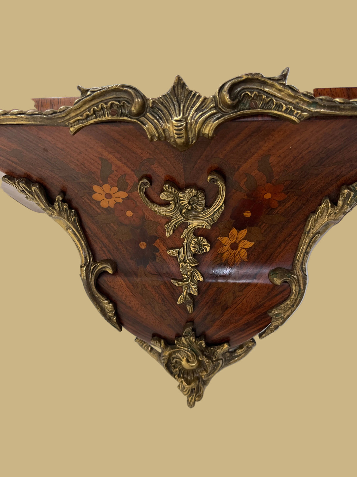Vintage Louis XV style Boulle marquetry wall shelf w/bronze accents