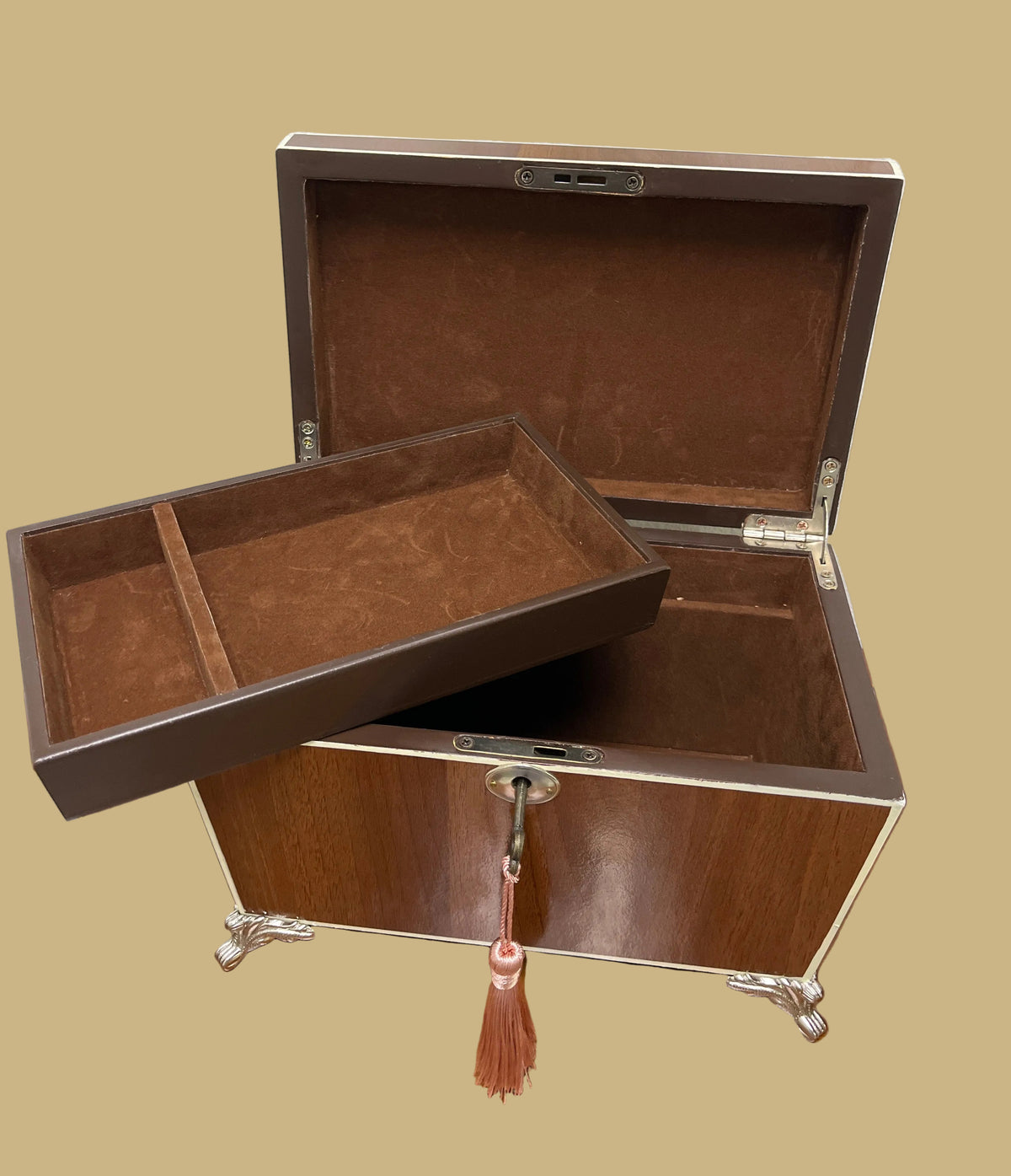 Vintage Wood Decorative Jewelry Box w/Velvet Interior