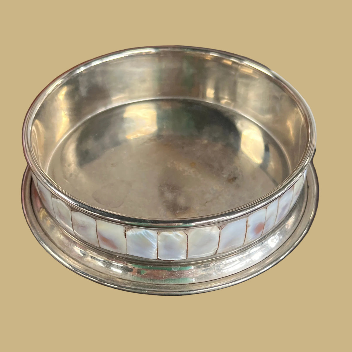 Vintage Silver-Plated Bottle Coaster w/Mother-of-Pearl Inlay