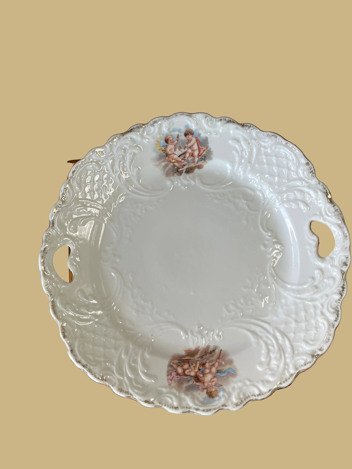 Antique Porcelain Cake Plate w/Handles & Cherub Transfers