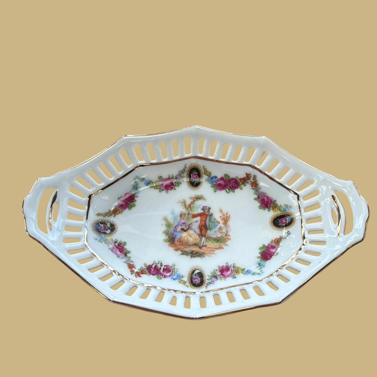 German Reticulated Porcelain Celery Dish with Handles