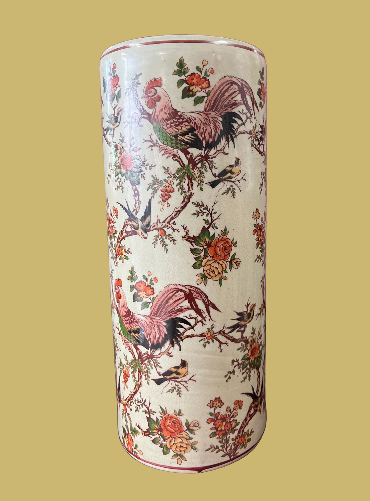 Vintage Chinese Vase w/Rooster & Floral Motif