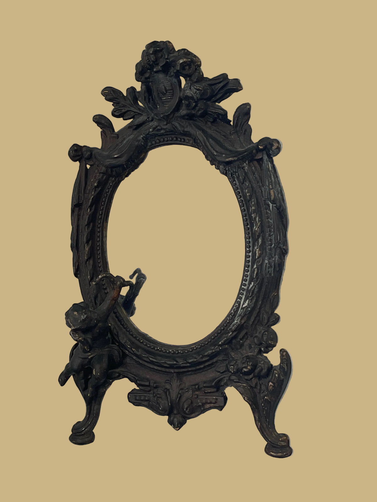 Antique Cast Iron Oval Mirror w/Cherub & Ribbon Motifs