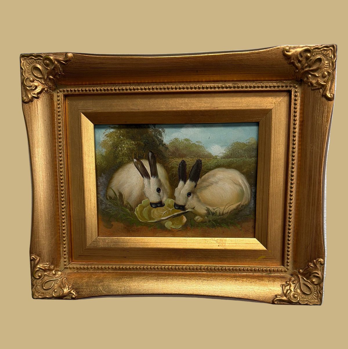 Hand-painted Reproduction of “Two Himalayan Rabbits Eating Lettuce"