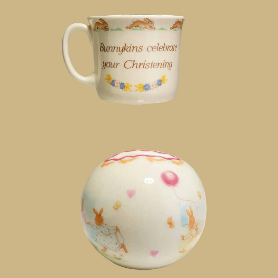 Royal Doulton Bunnykins Christening Mug & Sweet Hearts Money Bank, Set