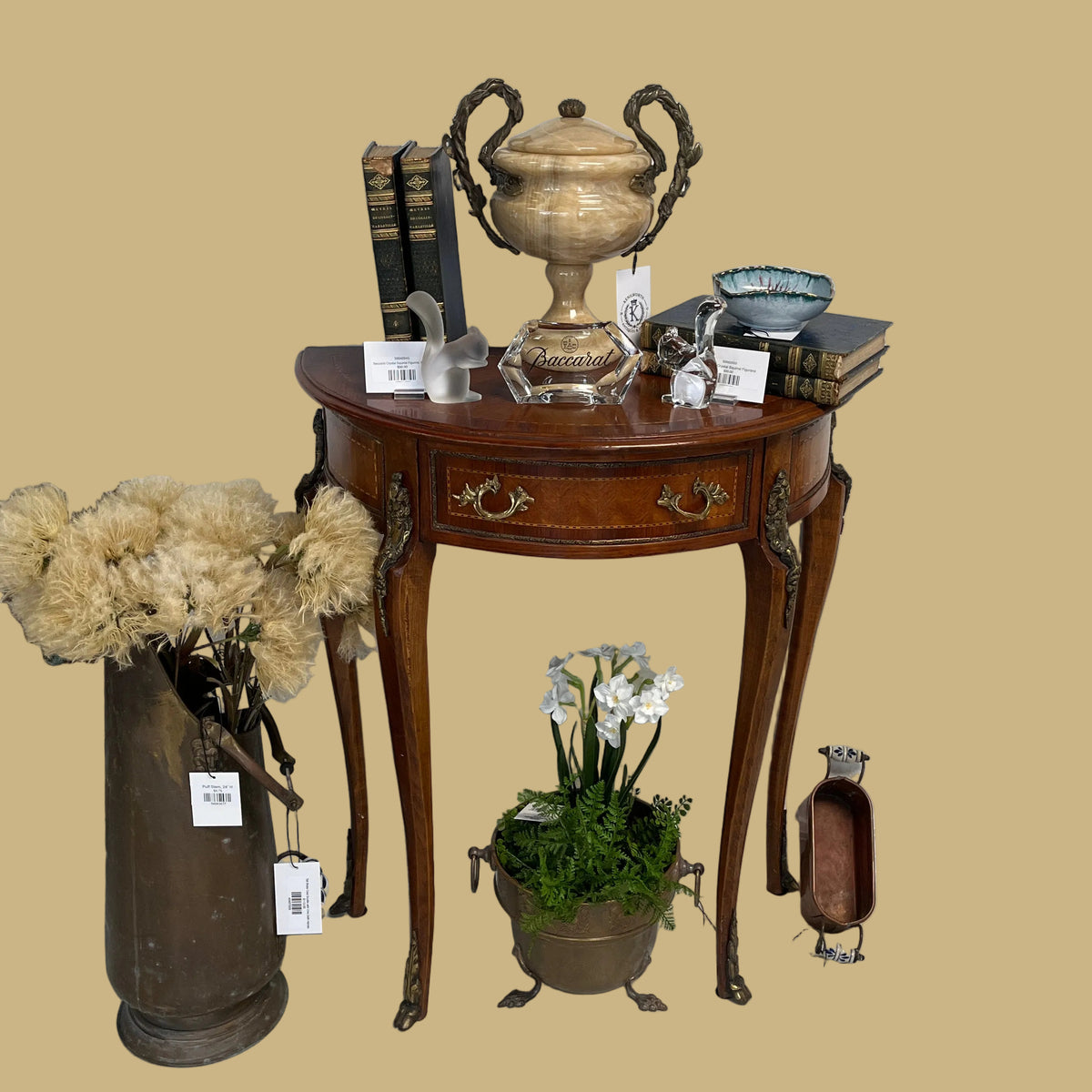 A Louis XV style walnut console table, Pair