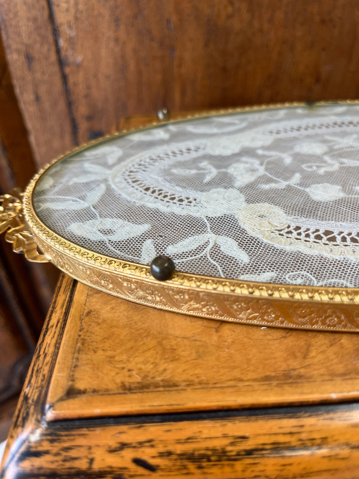 Antique Brass Dresser Tray w/Lace