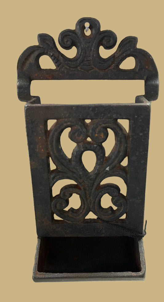 Vintage Cast Iron Wall-Mounted Match Holder w/Ornate Victorian Scrollwork