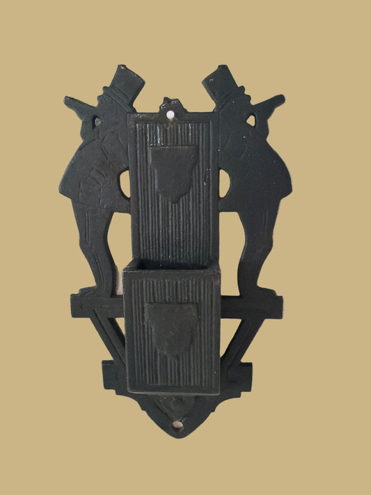 Vintage Cast Iron Matchbox Holder featuring Two Men