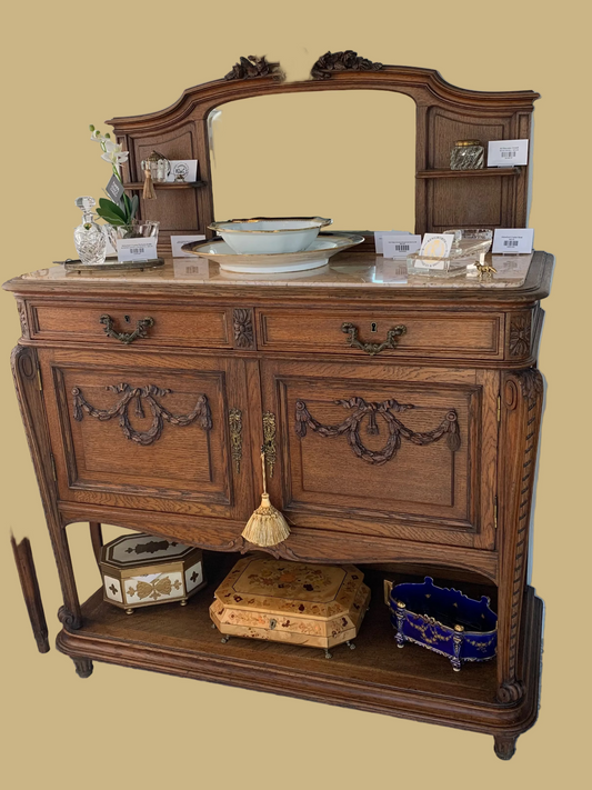 Antique Carved Oak Sideboard w/Marble Top & Mirror