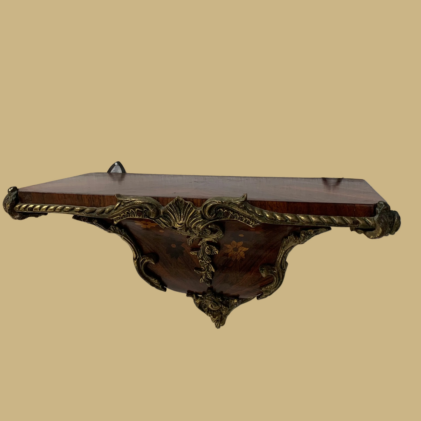 Vintage Louis XV style Boulle marquetry wall shelf w/bronze accents