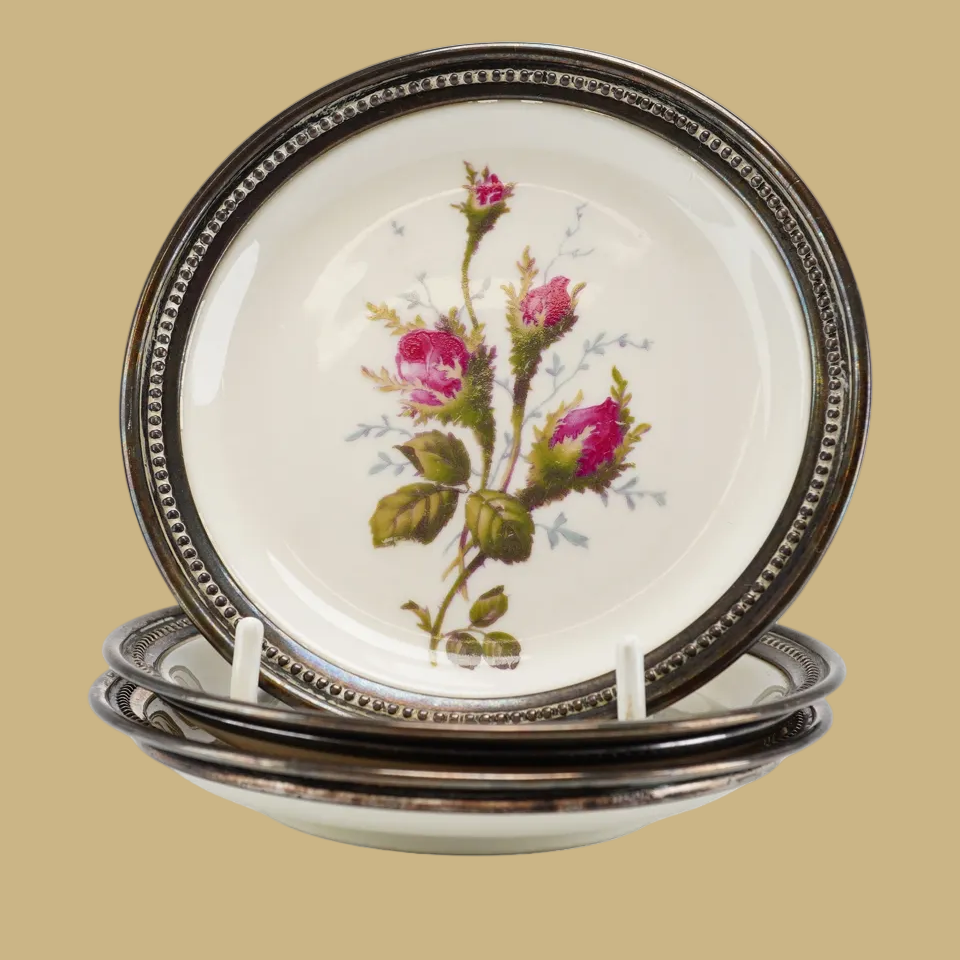 Set of 3 Rosenthal Moss Rose Porcelain Plates w/Beaded Sterling Silver Rims