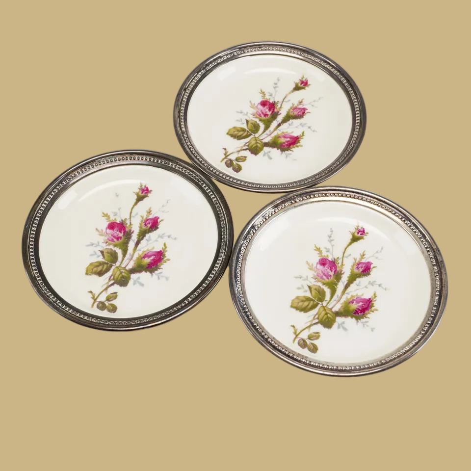 Set of 3 Rosenthal Moss Rose Porcelain Plates w/Beaded Sterling Silver Rims