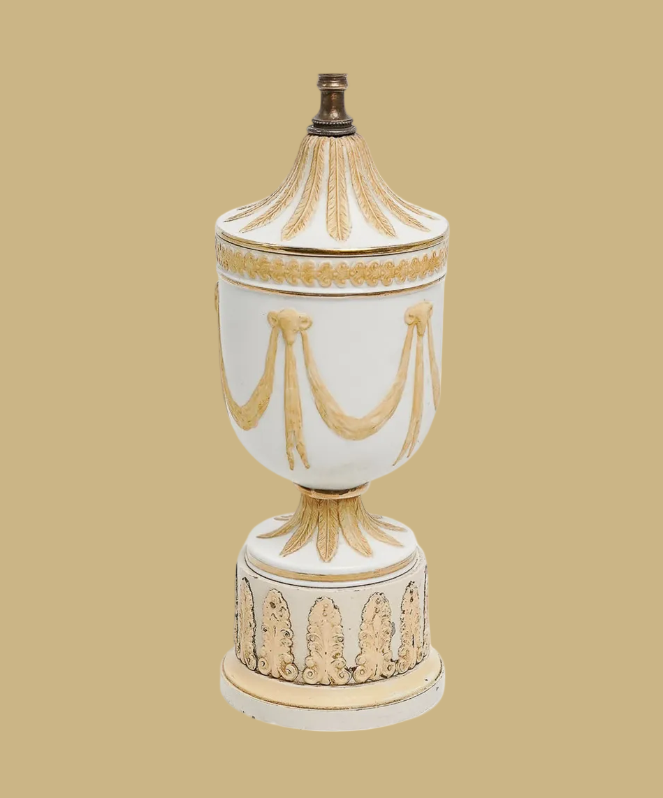 Vintage Italian Regency Style Cream & Gold Tole Metal Urn Table Lamp