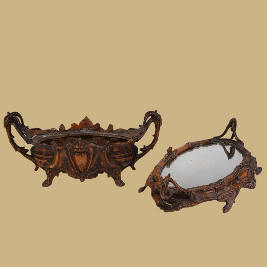 Antique French Art Nouveau Cast Metal Jardiniere & Mirrored Plateau Set