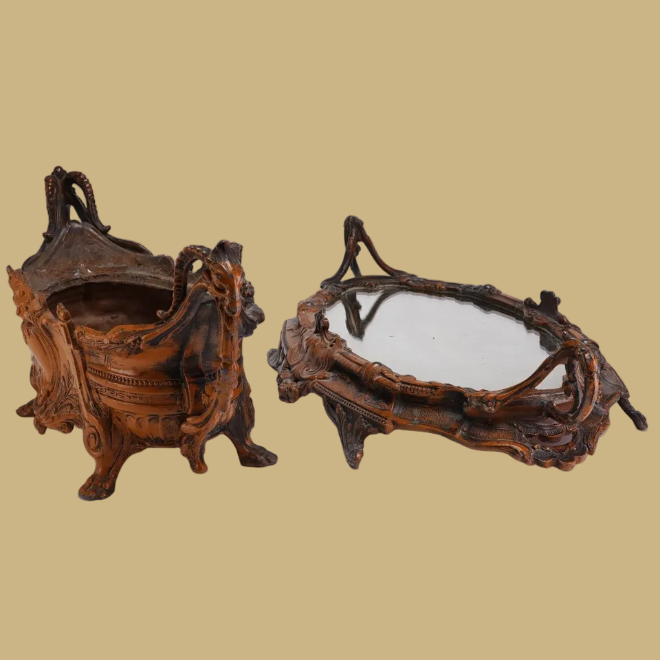 Antique French Art Nouveau Cast Metal Jardiniere & Mirrored Plateau Set