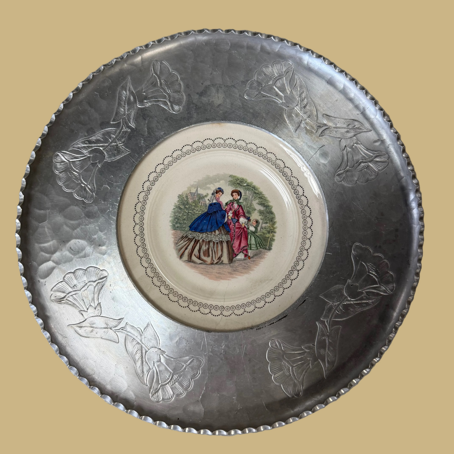 Wrought Farberware Brooklyn NY Ceramic Wall Plate with Hammered Aluminum Border